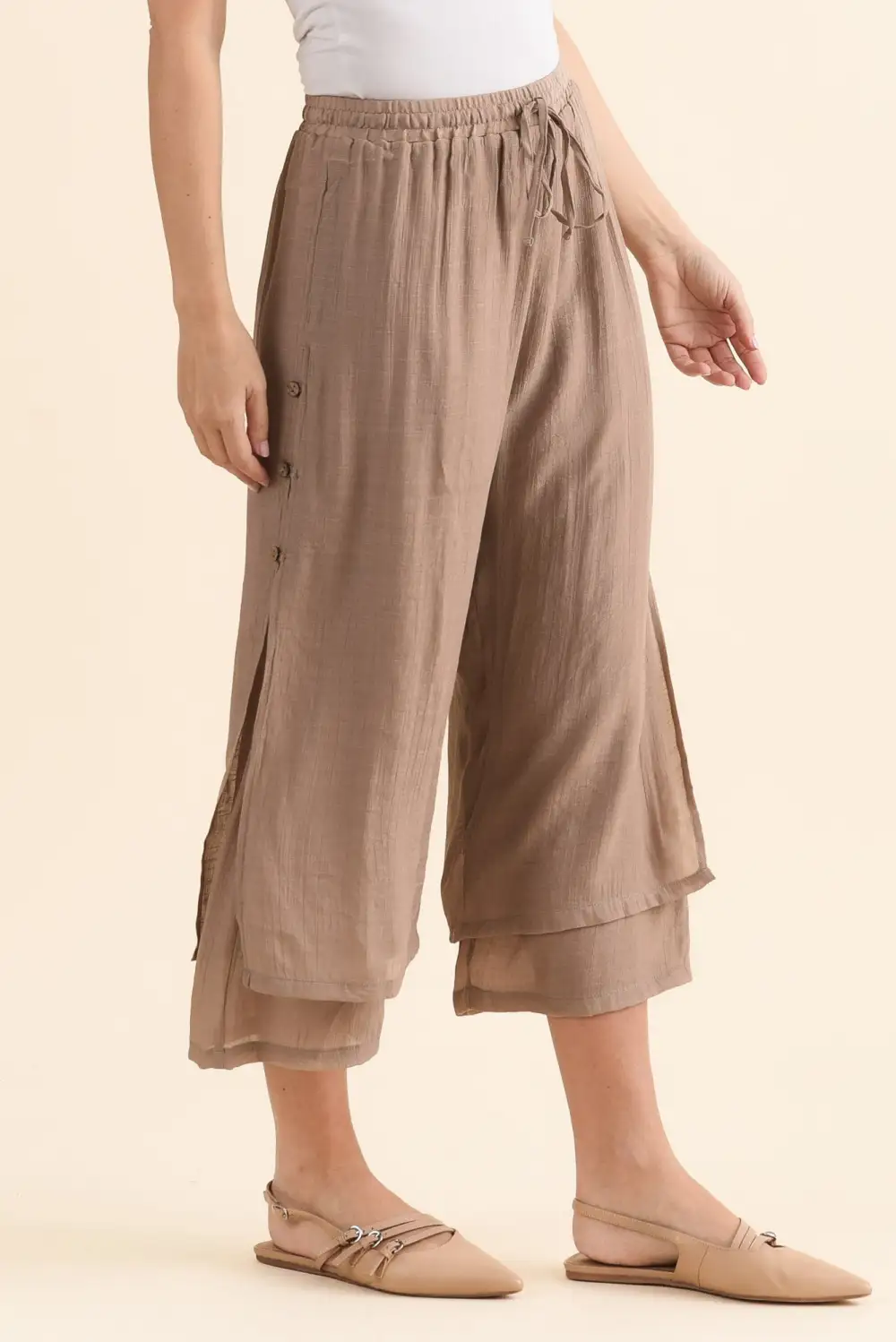Cotton Blend Mid Rise Elastic Waist Pants