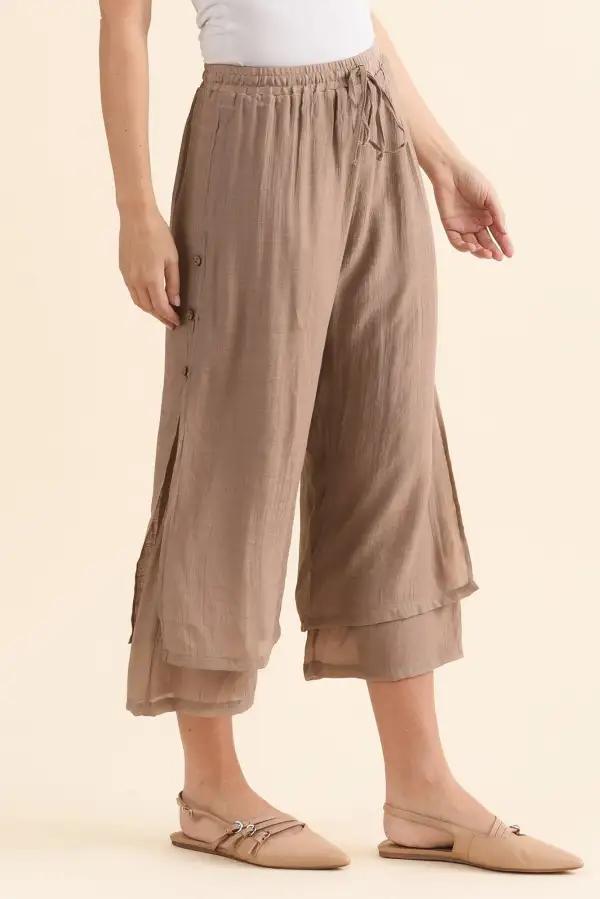 Cotton Blend Mid Rise Elastic Waist Pants