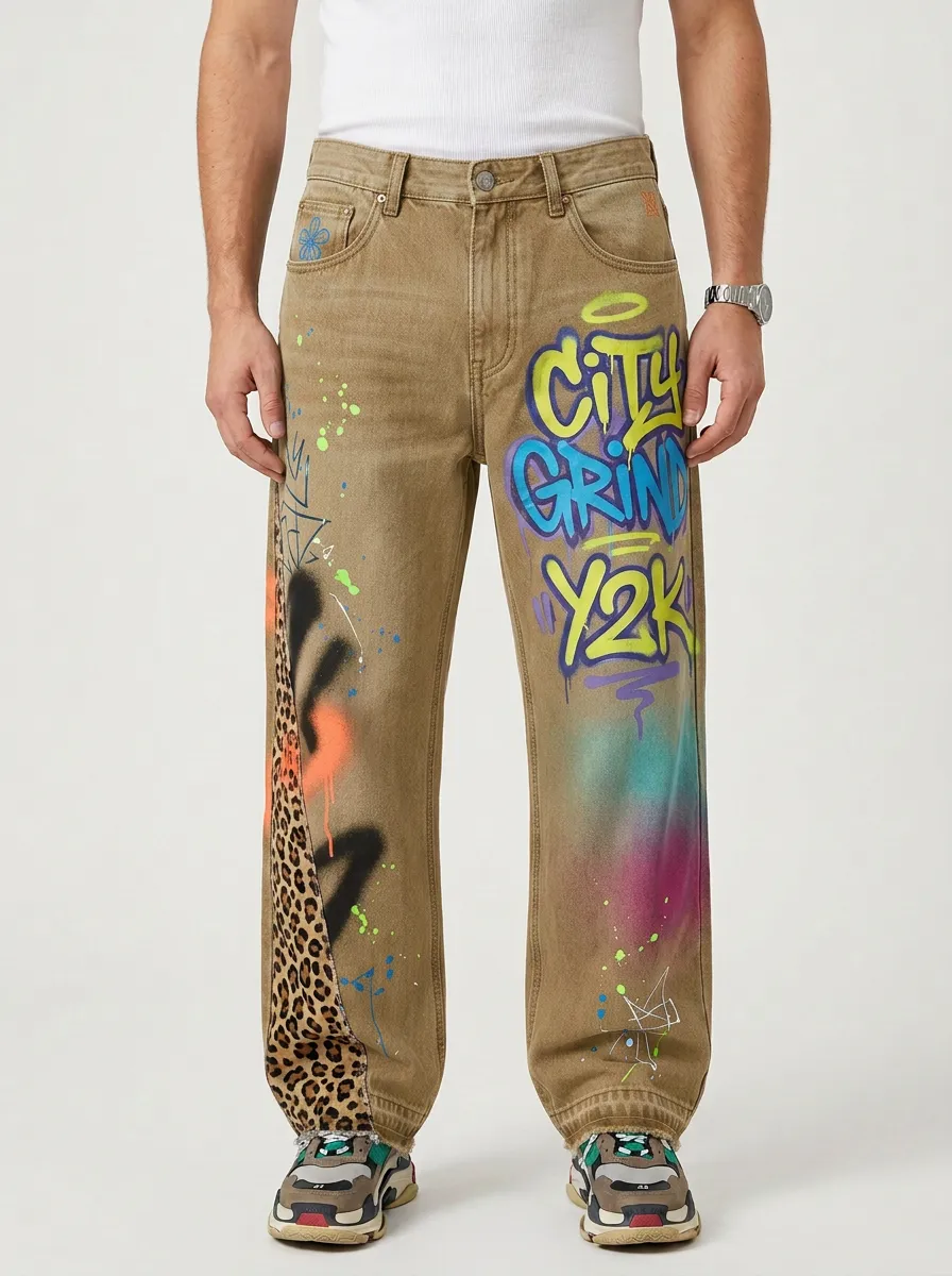 Men's Streetwear Y2K Graffiti Leopard Printed Jeans