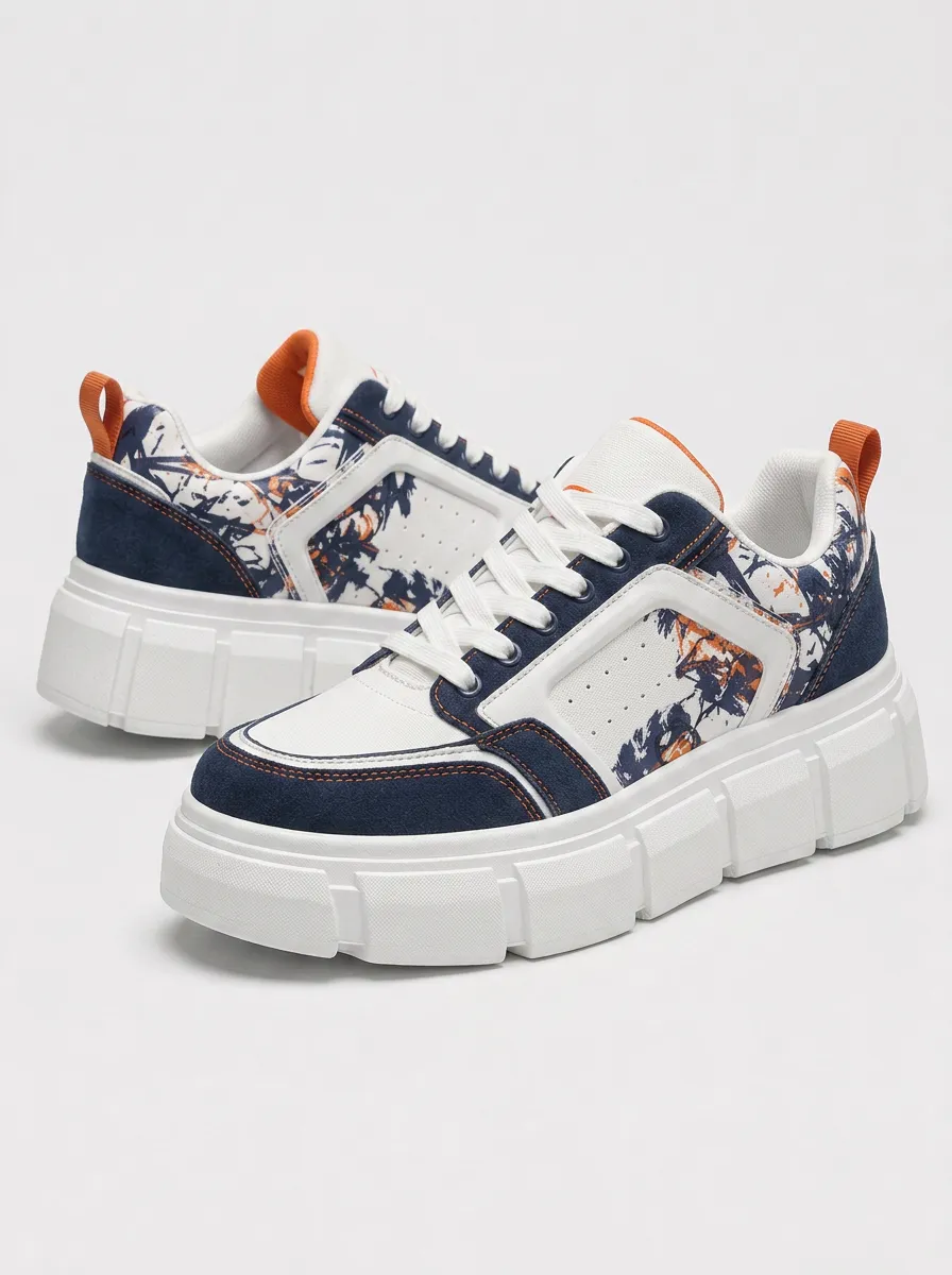 Men's Navy Orange Abstract Palm Printed Platform Sneakers
