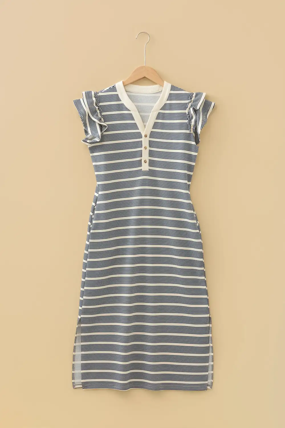 Striped Split Neck Ruffle Midi Dress
