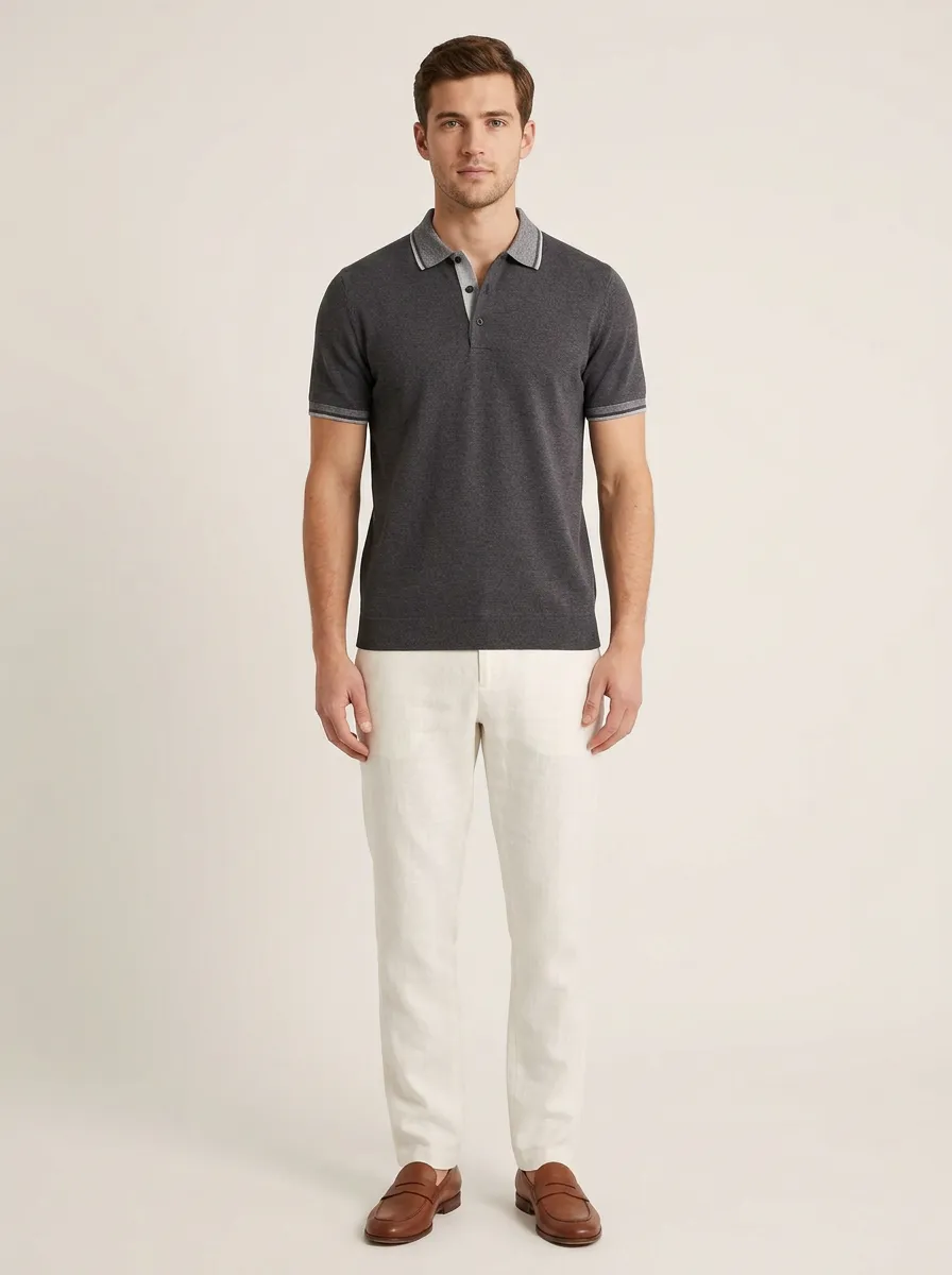Men's Charcoal Grey Contrast Collar Knitted Polo Shirt