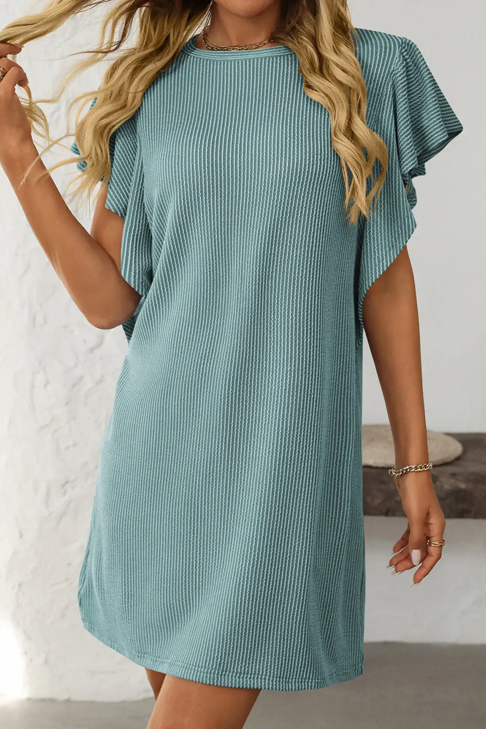 Corded Ruffle Sleeve Crew Neck Shift Dress