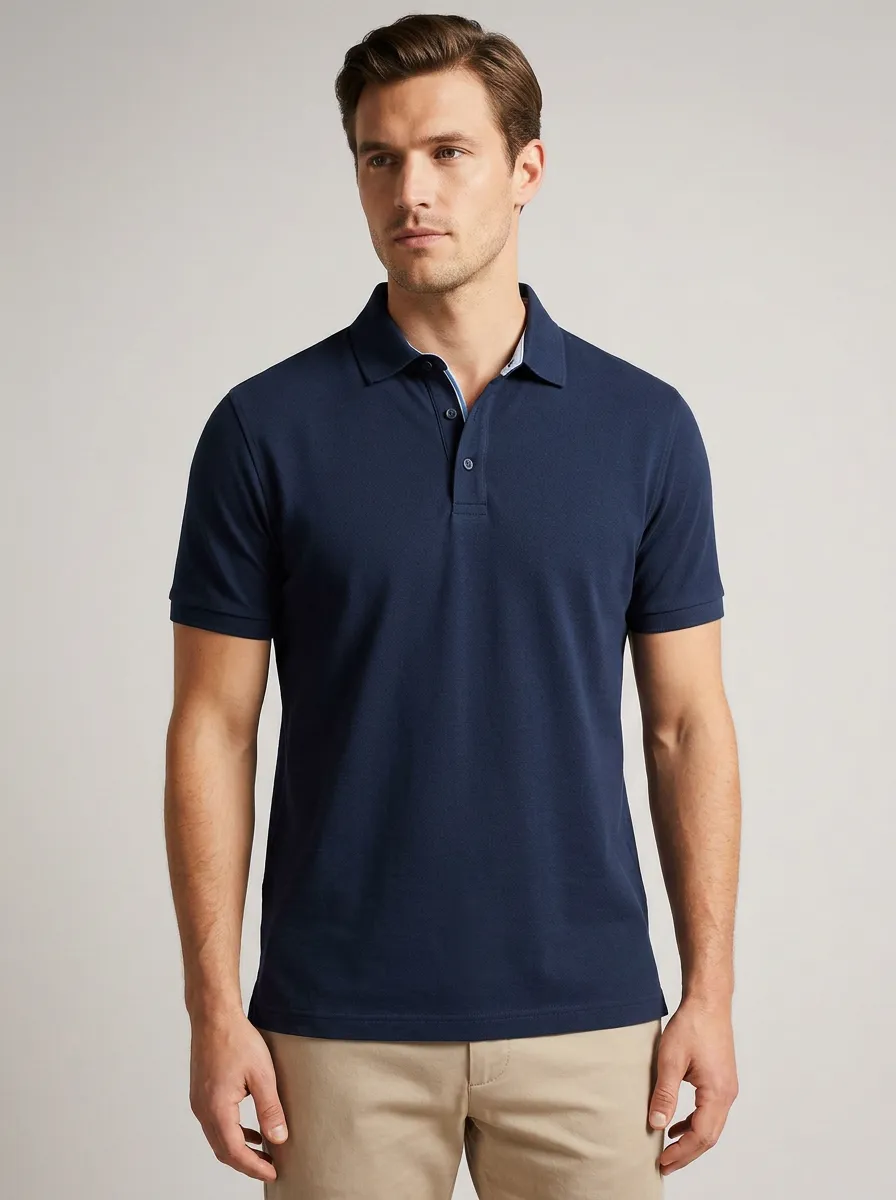 Men's Navy Blue Solid Color Casual Printed Polo Shirt