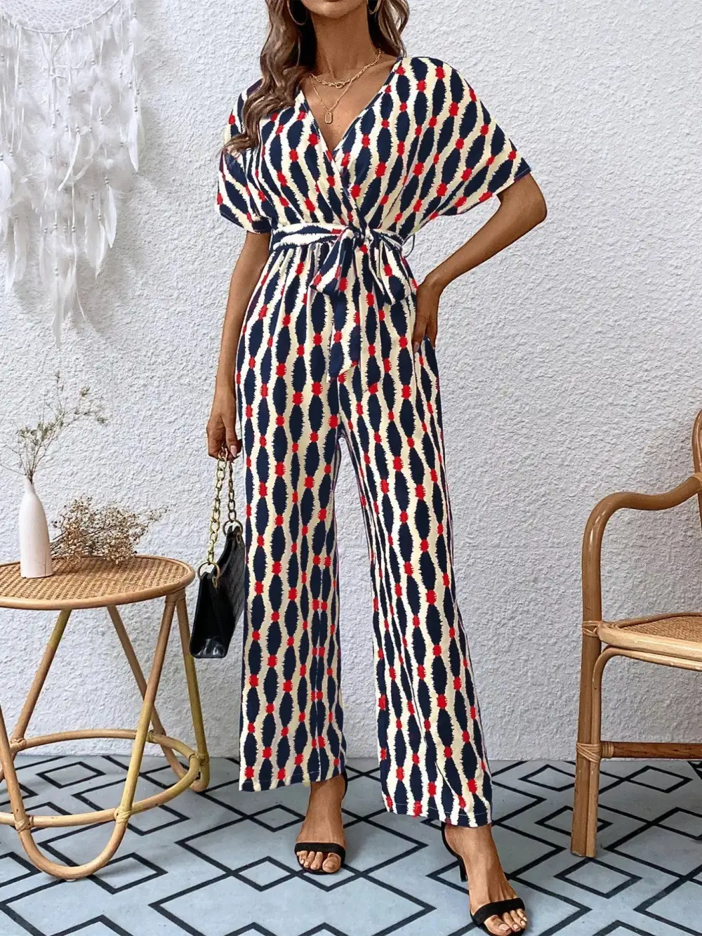 Printed Surplice Tie Waist Short Sleeve Shorts
