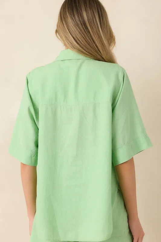 Light Green Linen Blend Button-Down Top