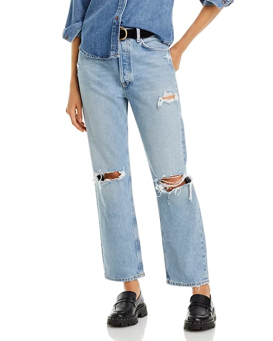 Ripped High Rise Straight Jeans in Threadbare