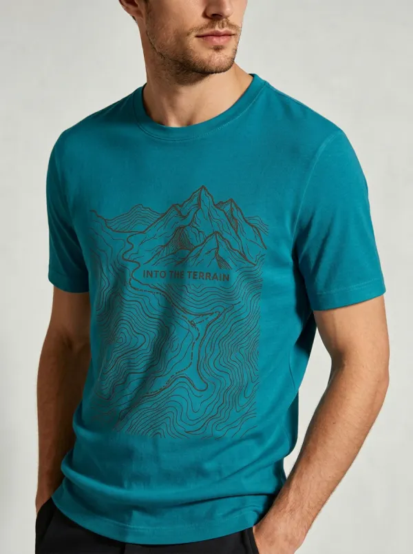 Men's Hiking Adventure Mountain Topographic Map Printed T-shirt