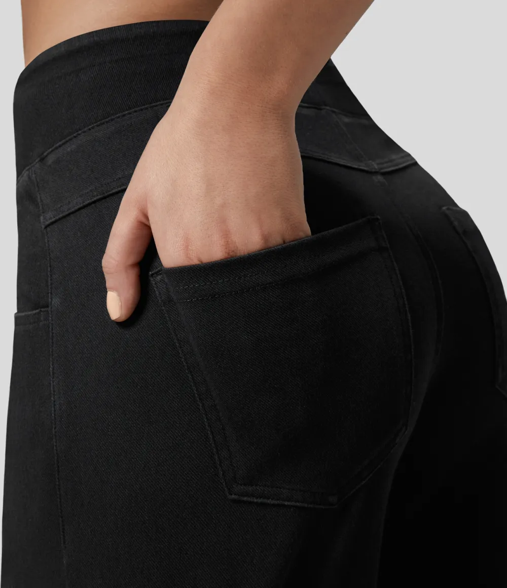 Magic High Waisted Multiple Pockets Wide Leg Loose Stretchy Knit Work Jeans
