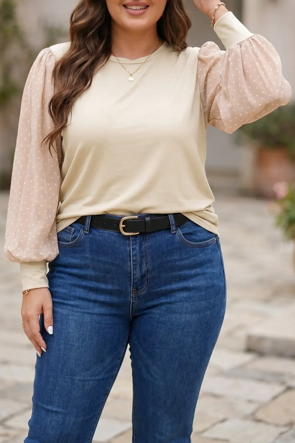Polka Dot Round Neck Relaxed Stretch Fabric Long Sleeve Blouse