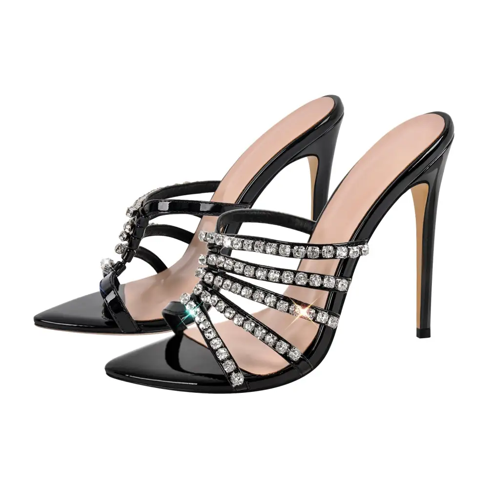 Rhinestone Pointed Toe Strap Stiletto Mule Sandals