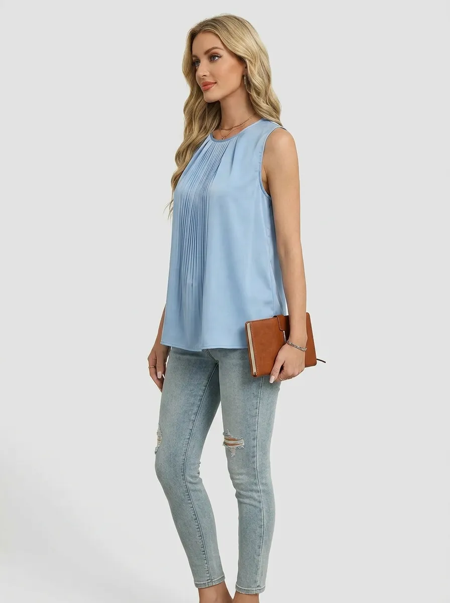 Office Pleated Sleeveless Blouse