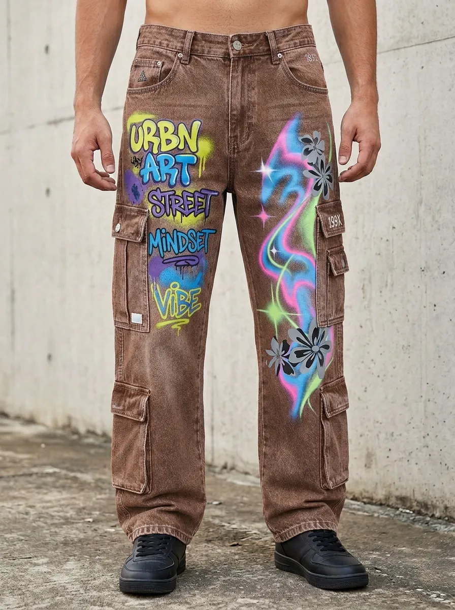 Men's Streetwear Graffiti Floral Urban Art Cargo Jeans