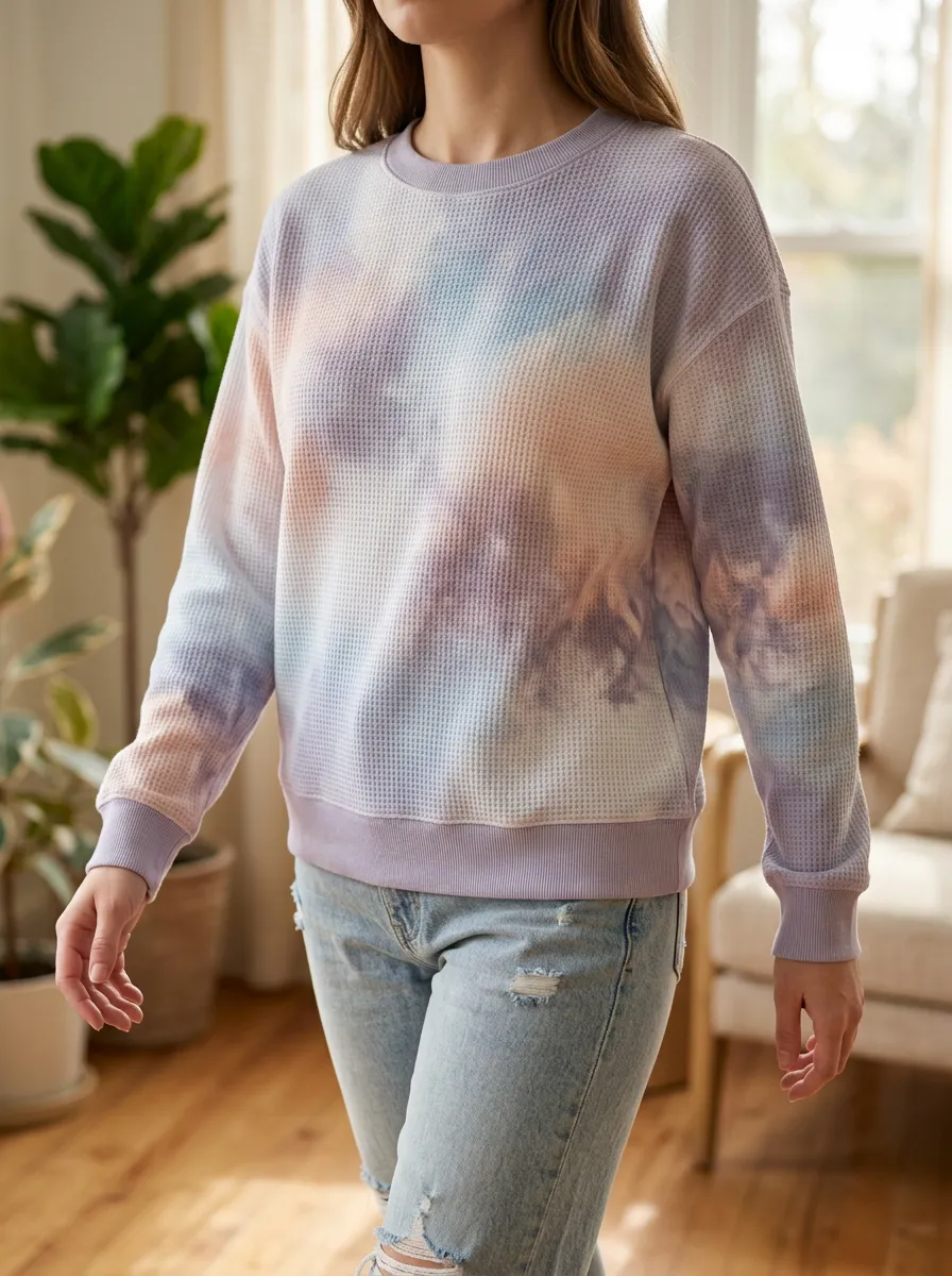 Women's Tie Dye Pattern Printed Waffle Knit Crewneck Sweatshirt