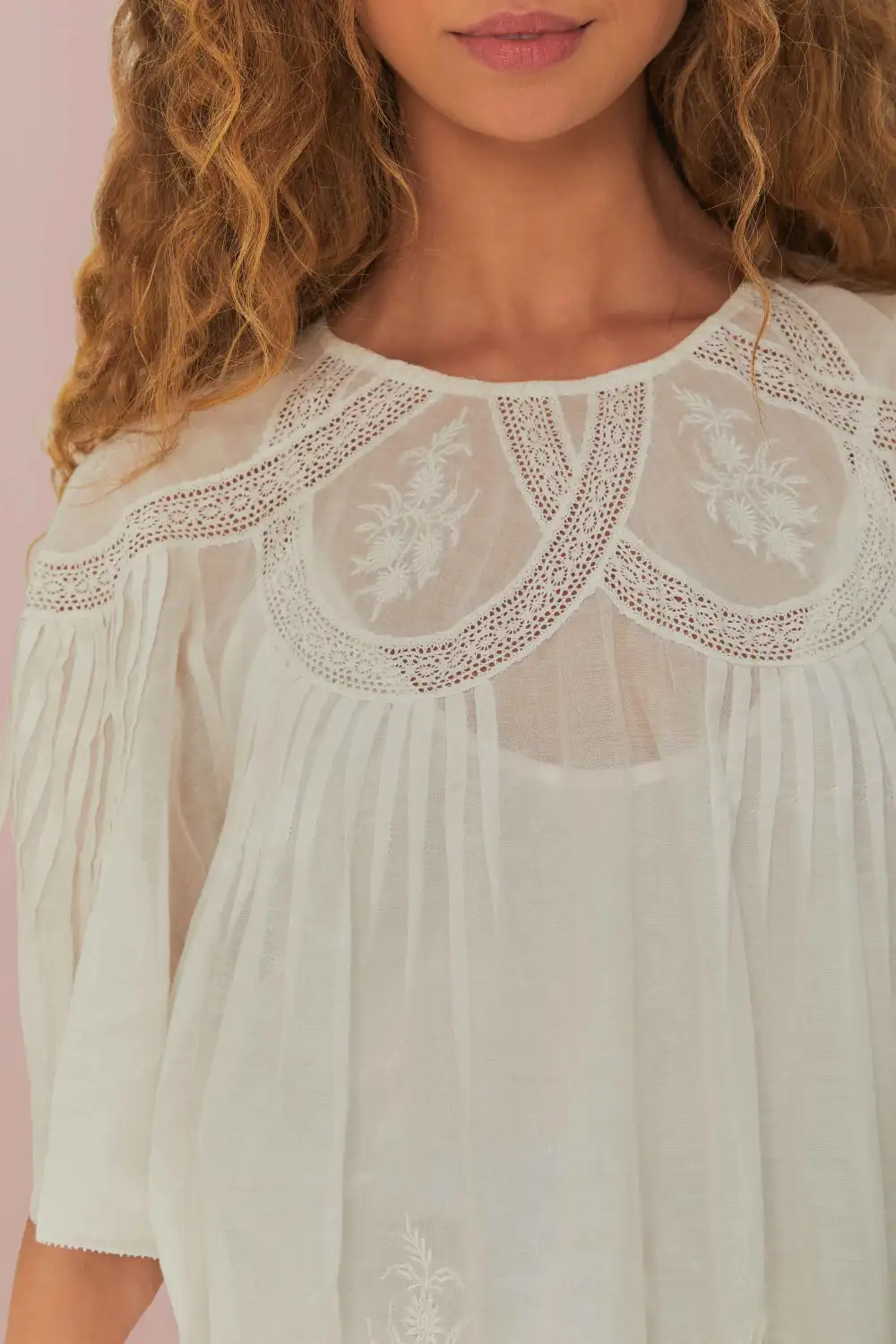 Cotton Lace-Trim Embroidered Short-Sleeve Blouse