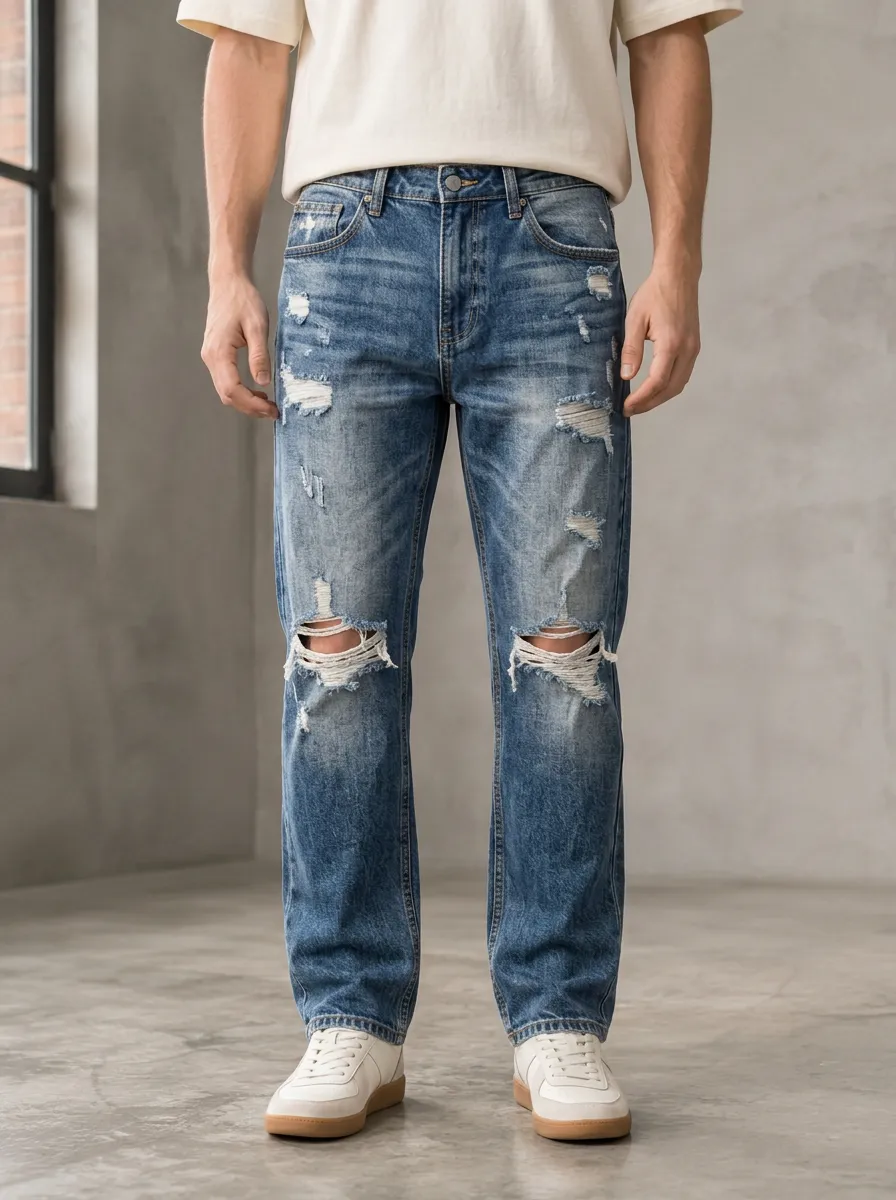 Men's Zip Fly Denim Ripped Jeans