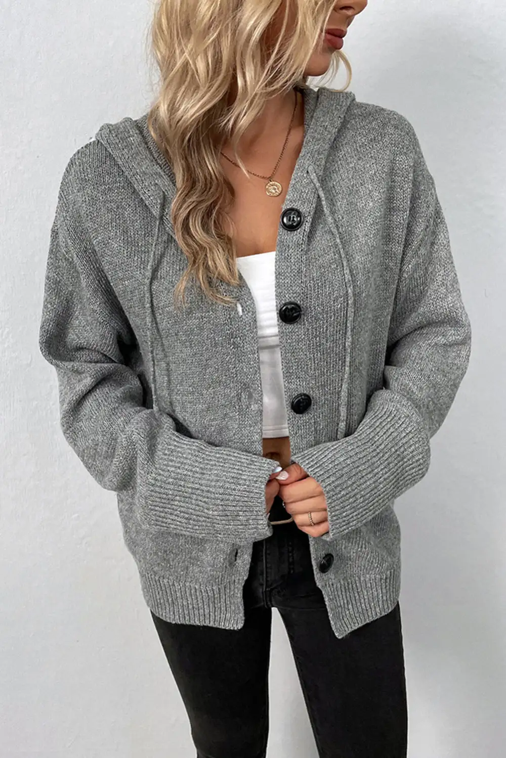 Drawstring Hooded Button Front Drop Shoulder Cardigan