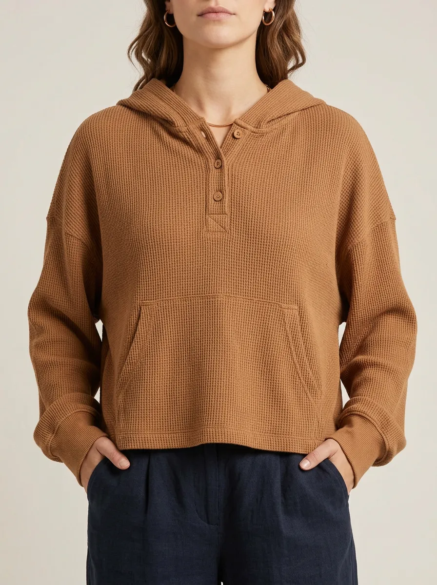 Women's Casual Brown Waffle Knit Button Up Hooded Top