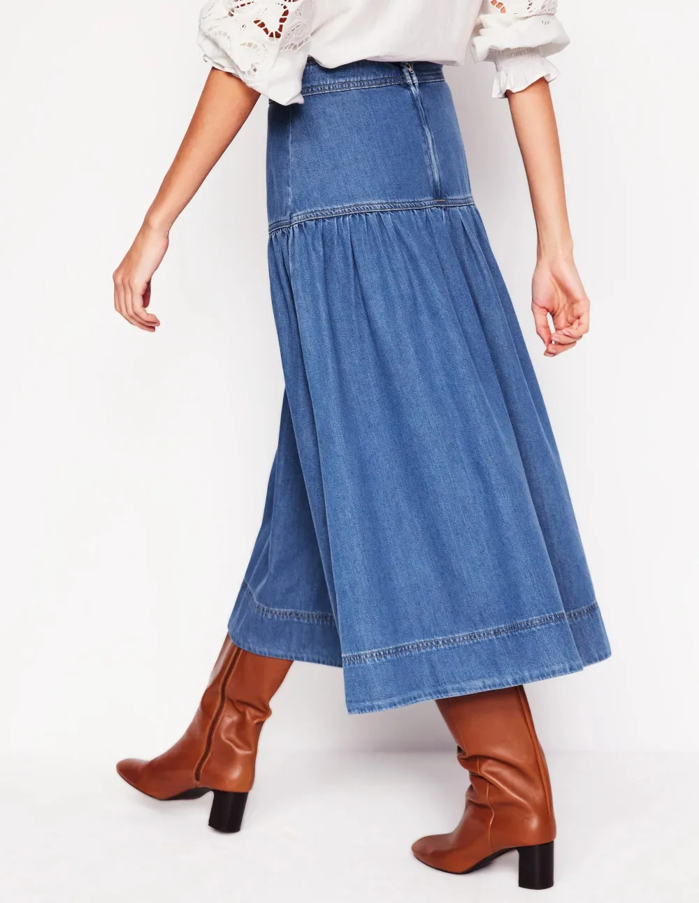 Yoke Detail Denim Midi Skirt