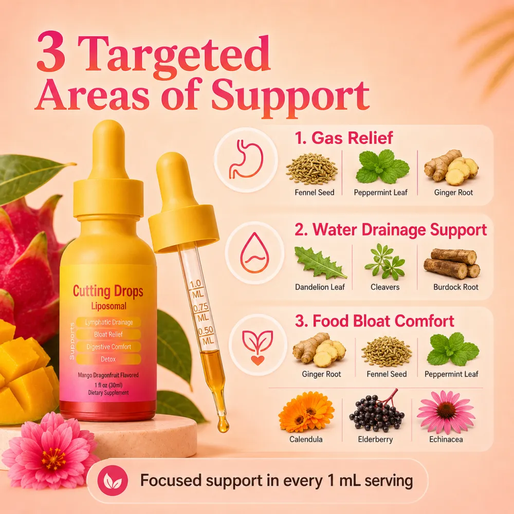 Cutting Drops – Lymphatic-Focused Debloat Formula with Dandelion, Cleavers, Burdock & Elderberry, Mango Dragonfruit Flavor