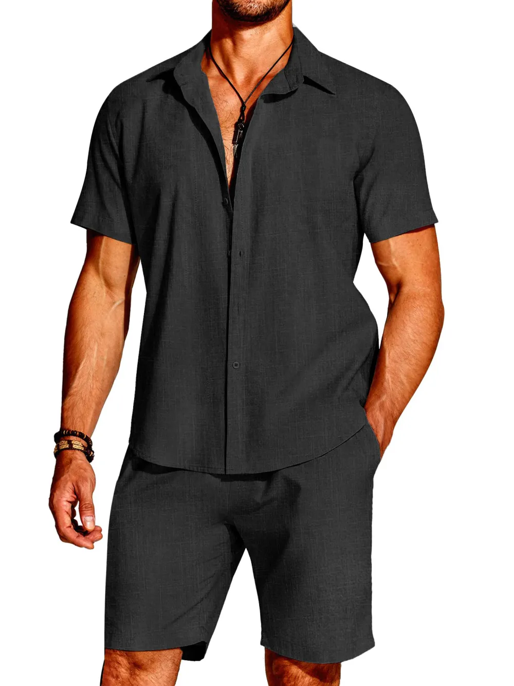 Linen Blend Short Sleeve Shirt Set