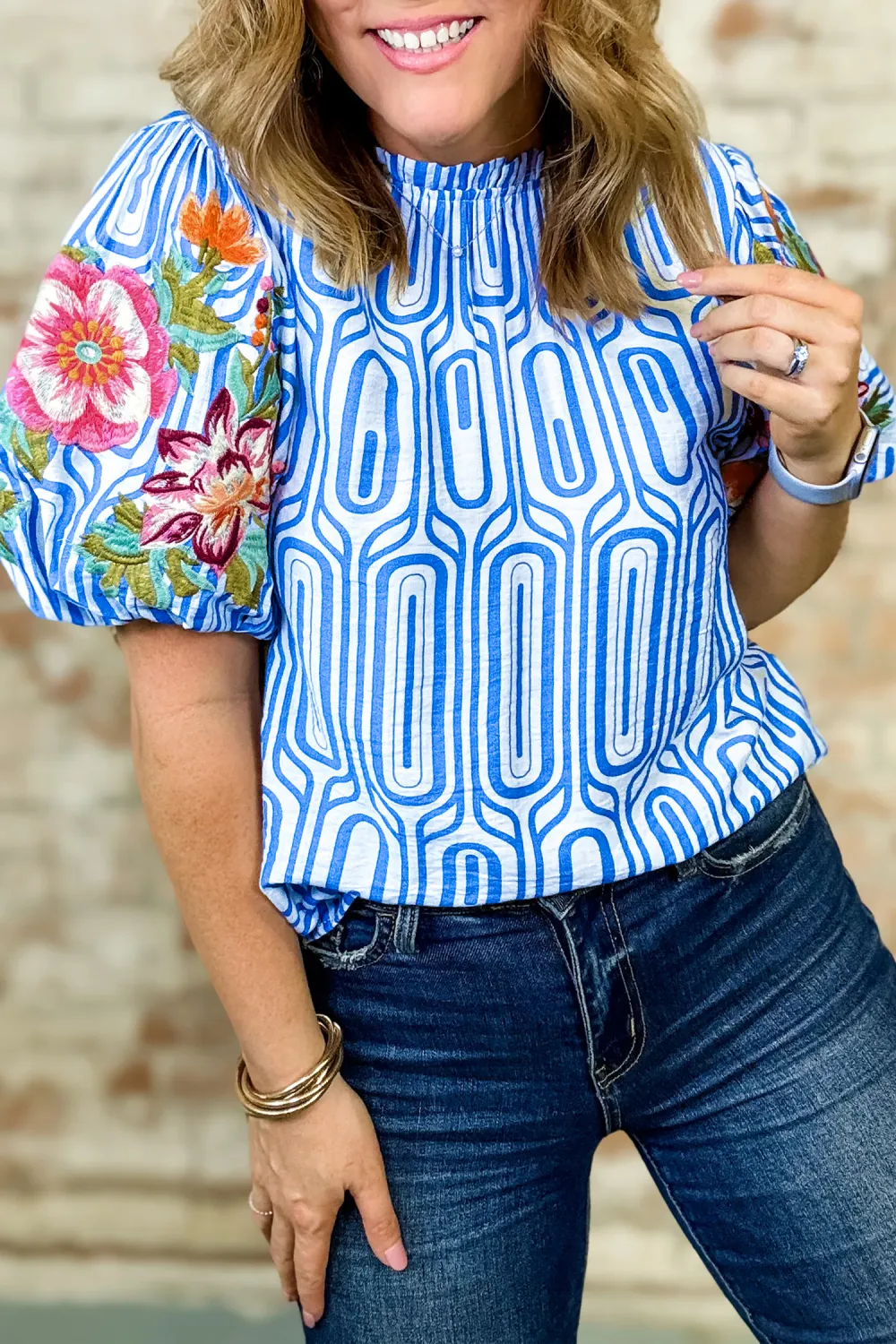 Sky Blue Geometry Print Floral Blouse