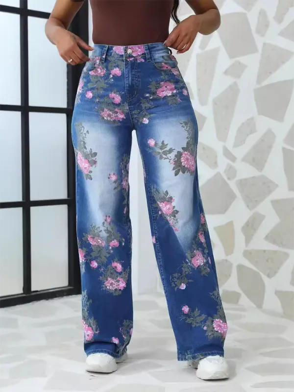 Floral Printed Wide Leg Pants Denim Jeans
