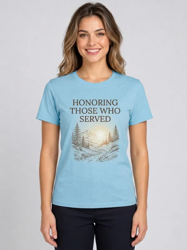 Women's Veterans Day Honoring Those Who Served Mountain Landscape Graphic Crewneck T-Shirt