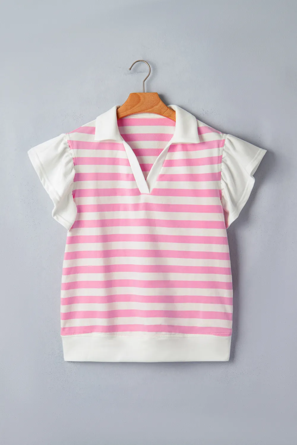 Pink Stripe Collar V Neck Blouse