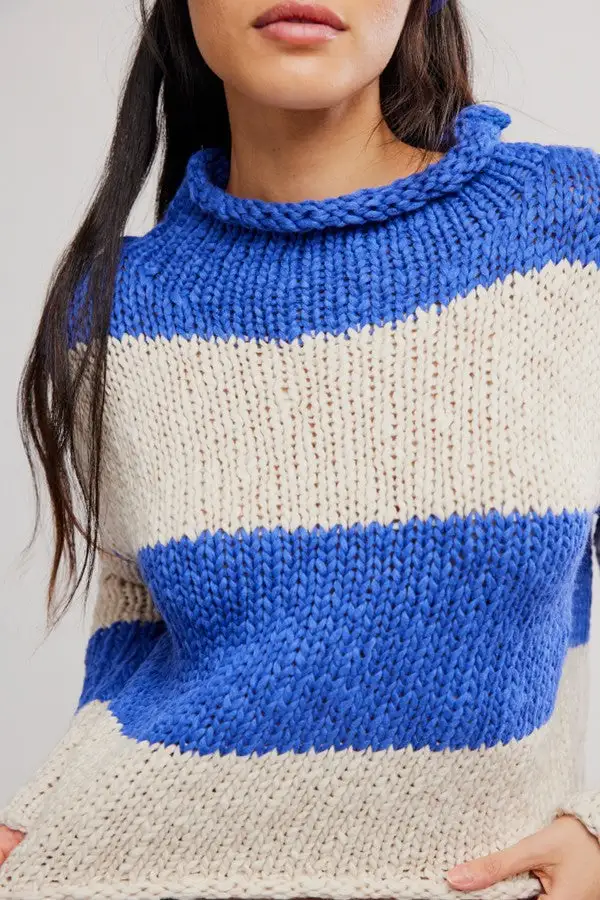 Blue White Stripe Roll Neck Sweater