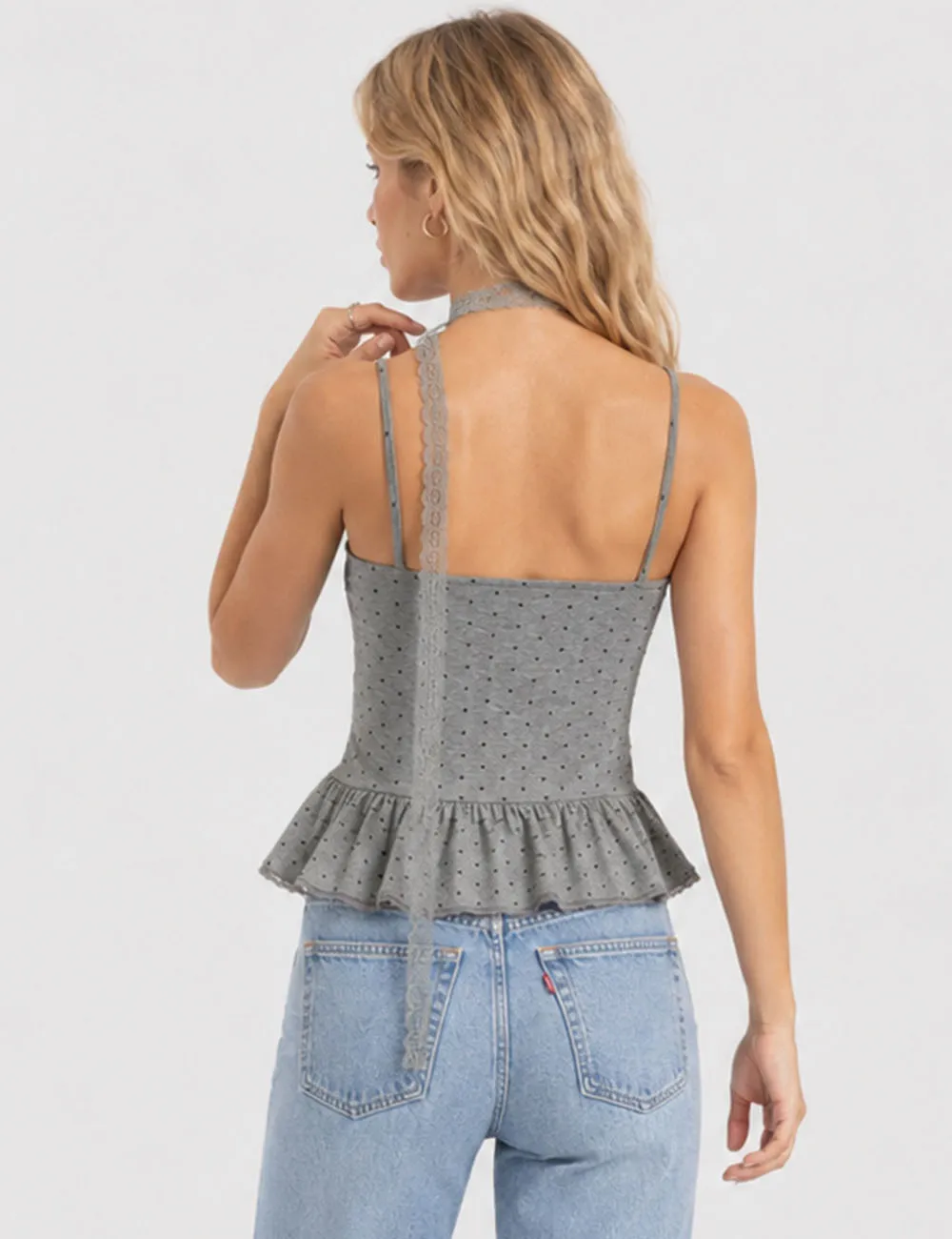 Polka Dot Scarf Neck Lace Trim Peplum Cami Top