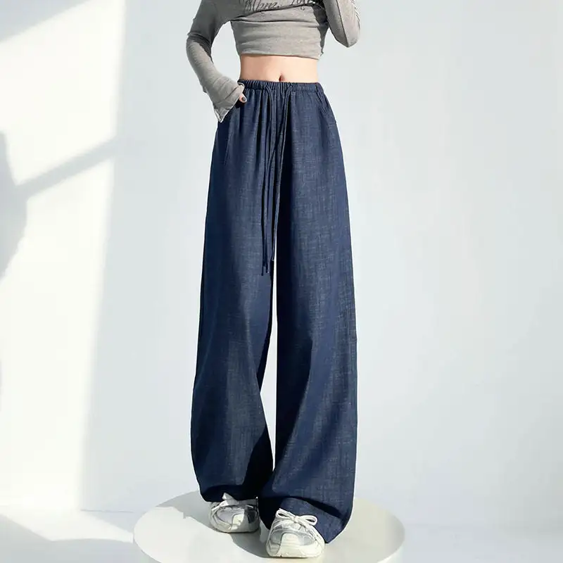 Comfort Drawstring Waist Denim Wide Leg Pants