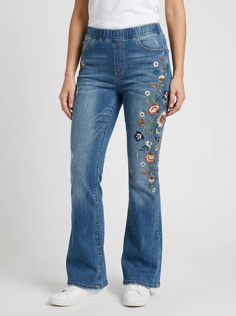 Women's Medium Wash Floral Embroidery Pull-On Waist Flare Jeans