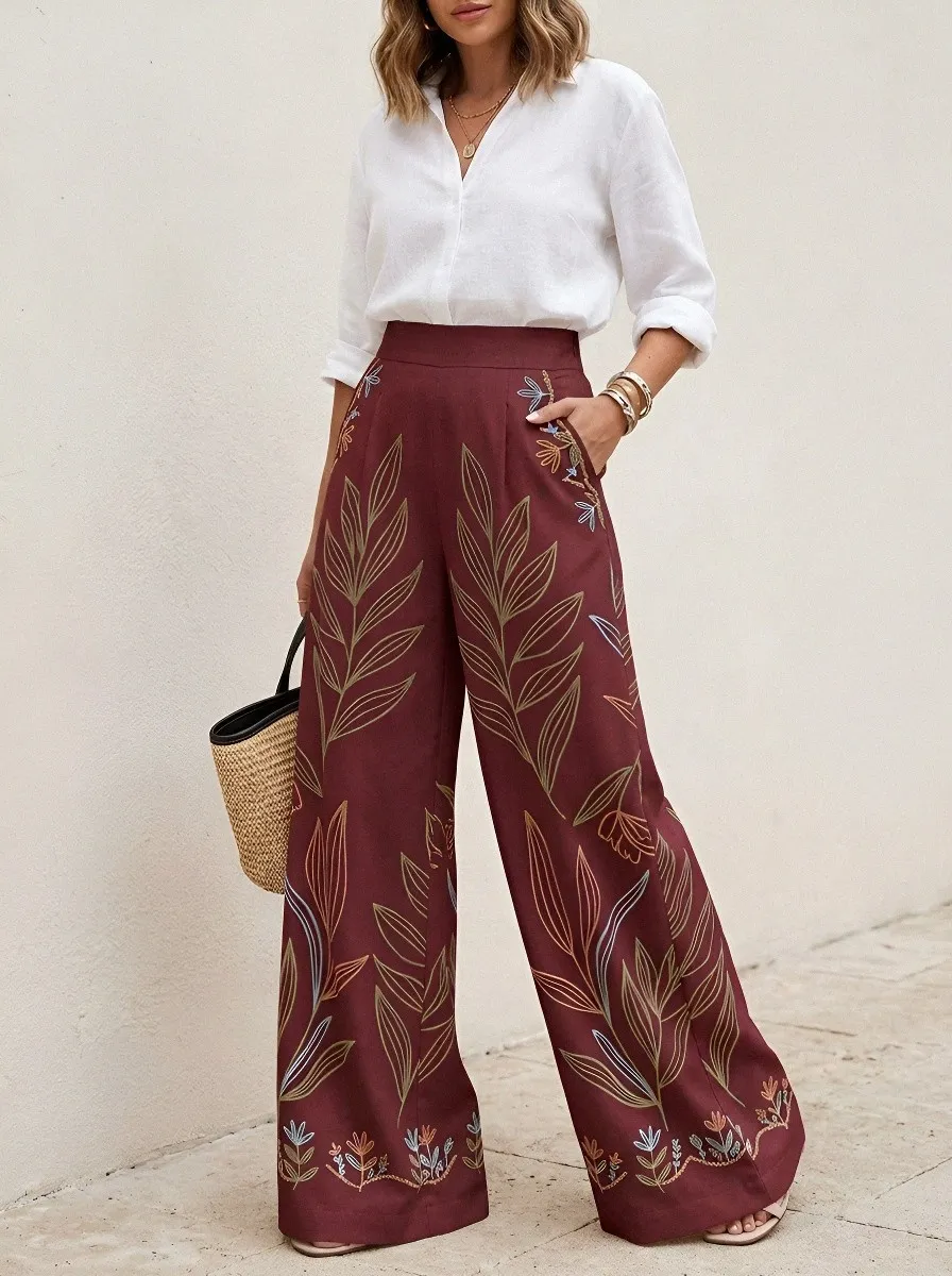 Women's Botanical Leaf Floral Patterned High-Waisted Wide-Leg Pants