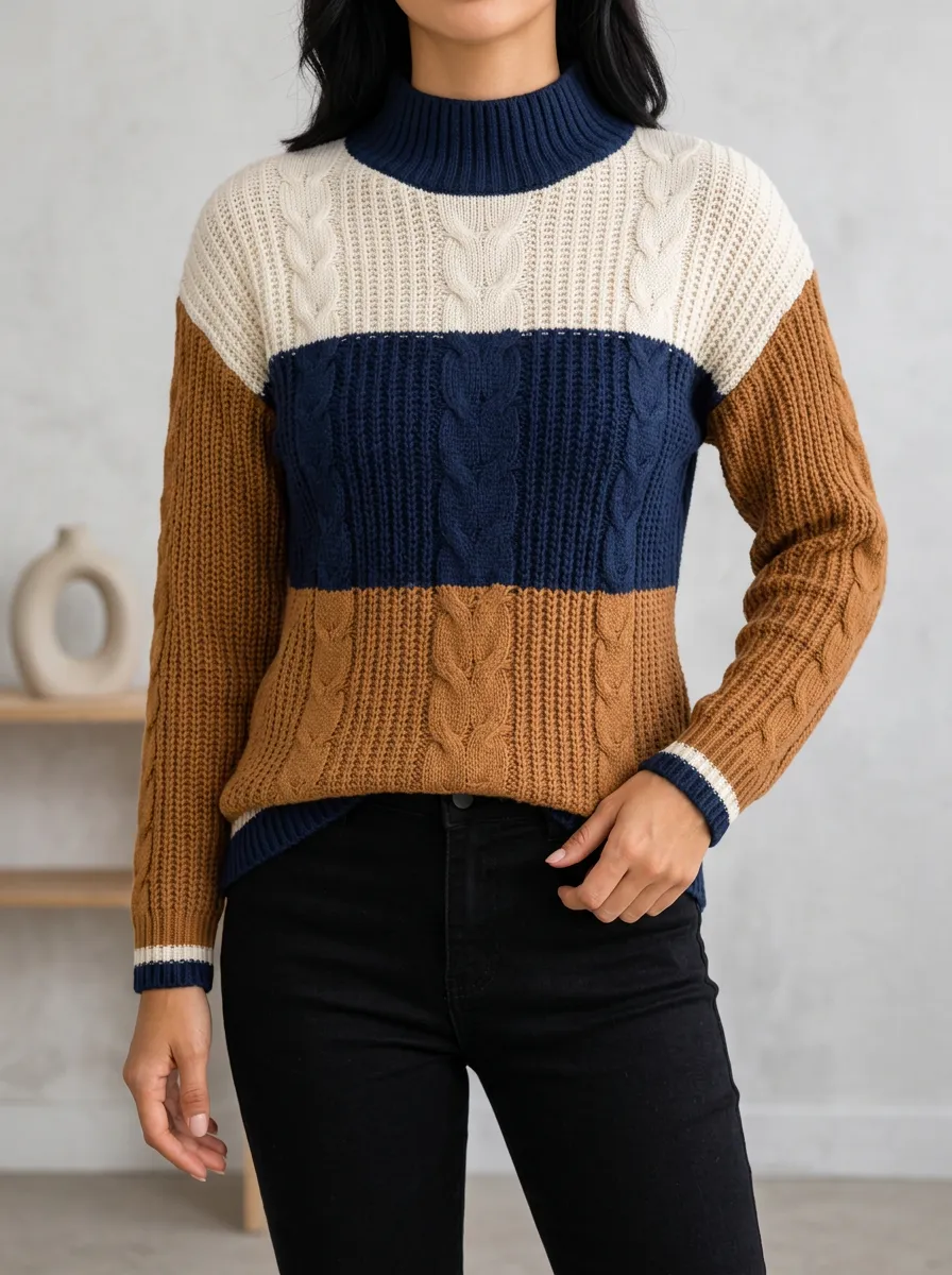 Colorblock Cable Knit Sweater with a Mock Neck Finish