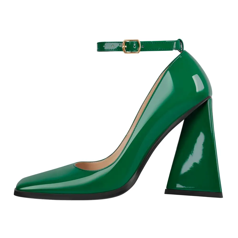 Patent Finish Square Toe Chunky Heel Ankle Strap Pumps
