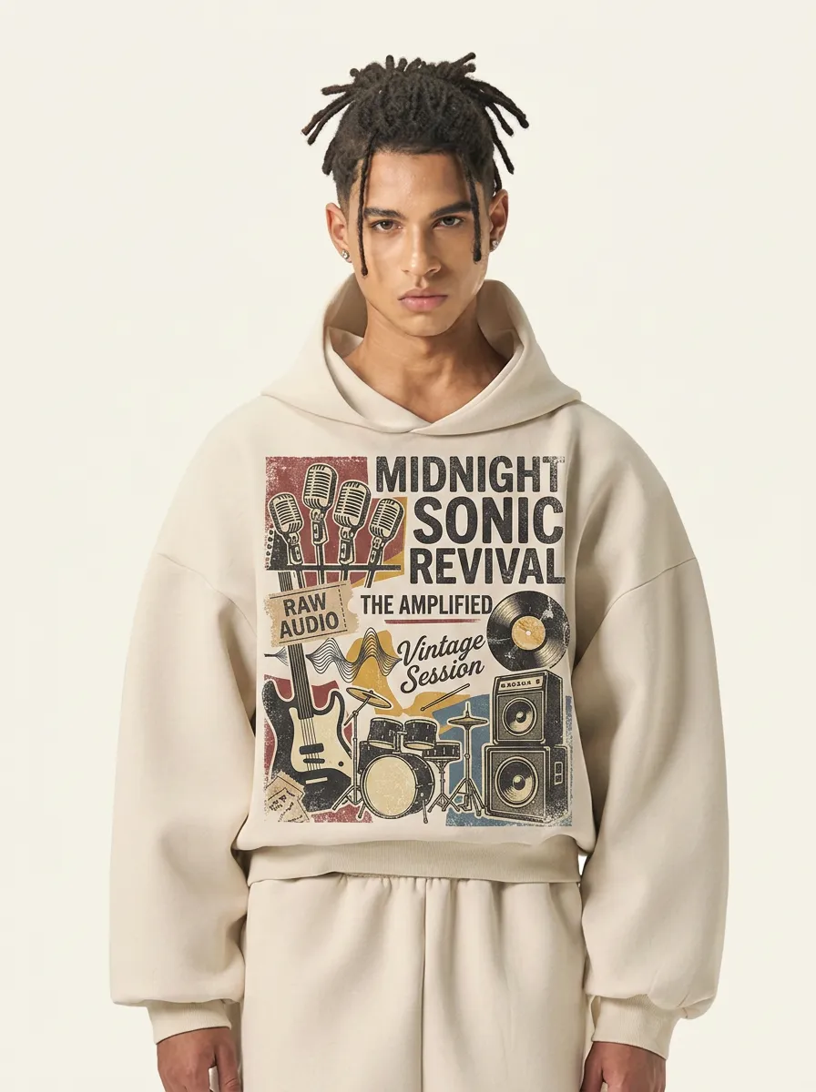 Men's Music Lover Vintage Band Instrument Printed Hoodie