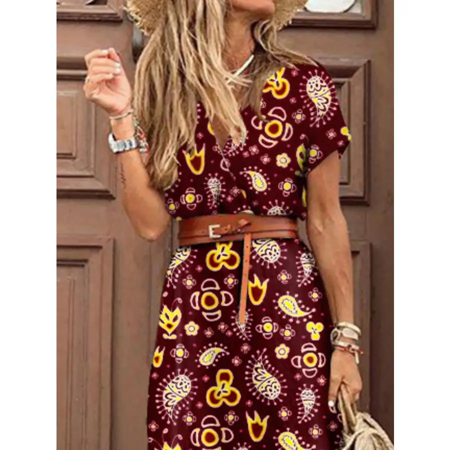 Full Size Printed V Neck Short Sleeve Maxi Dress Plus Size