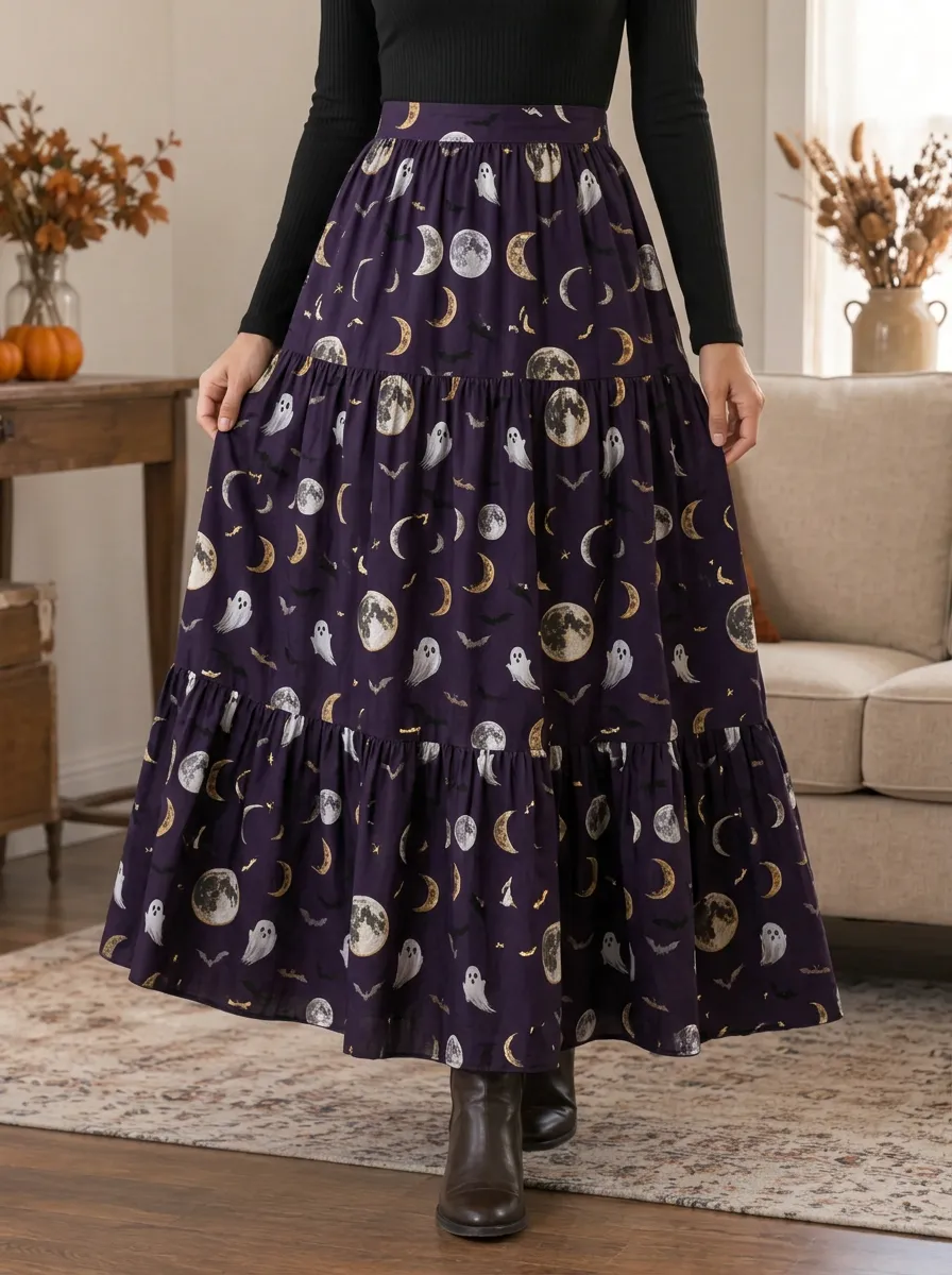 Women's Halloween Ghost Moon Bat Printed Tiered Maxi Skirt