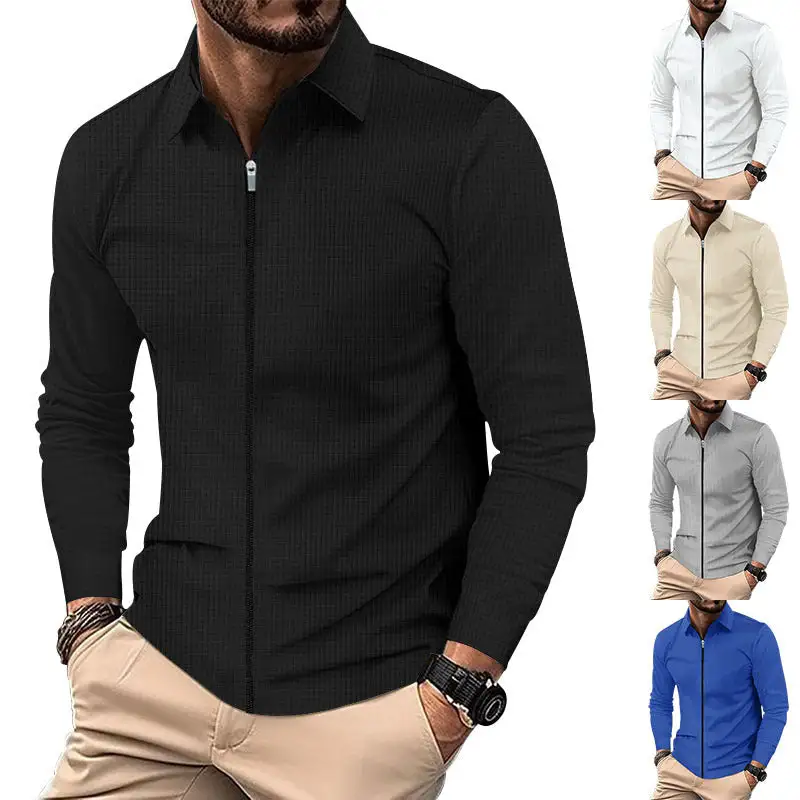 Waffle Texture Long Sleeve Fine Knit Polo Shirt