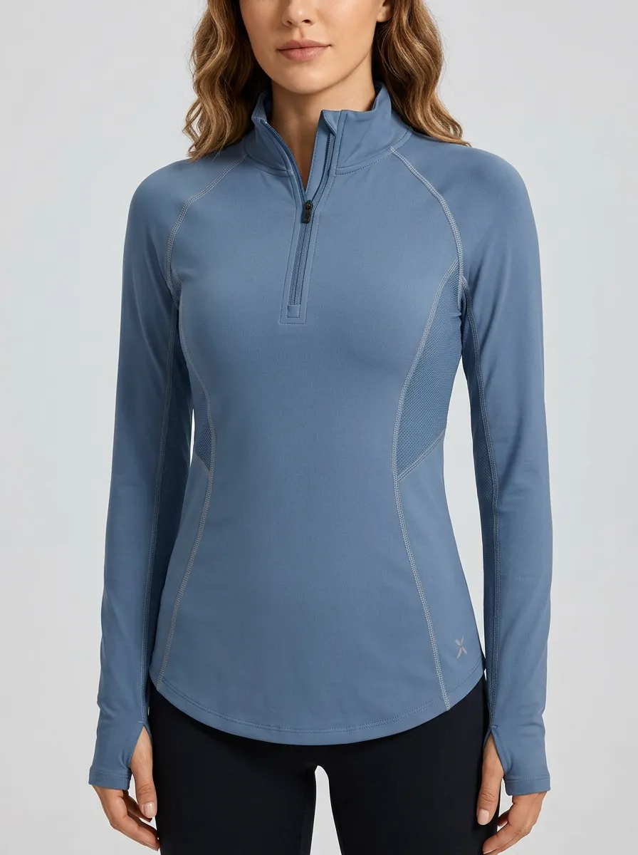 Women's Athletic Fitness Blue Quarter Zip Long Sleeve Shirt