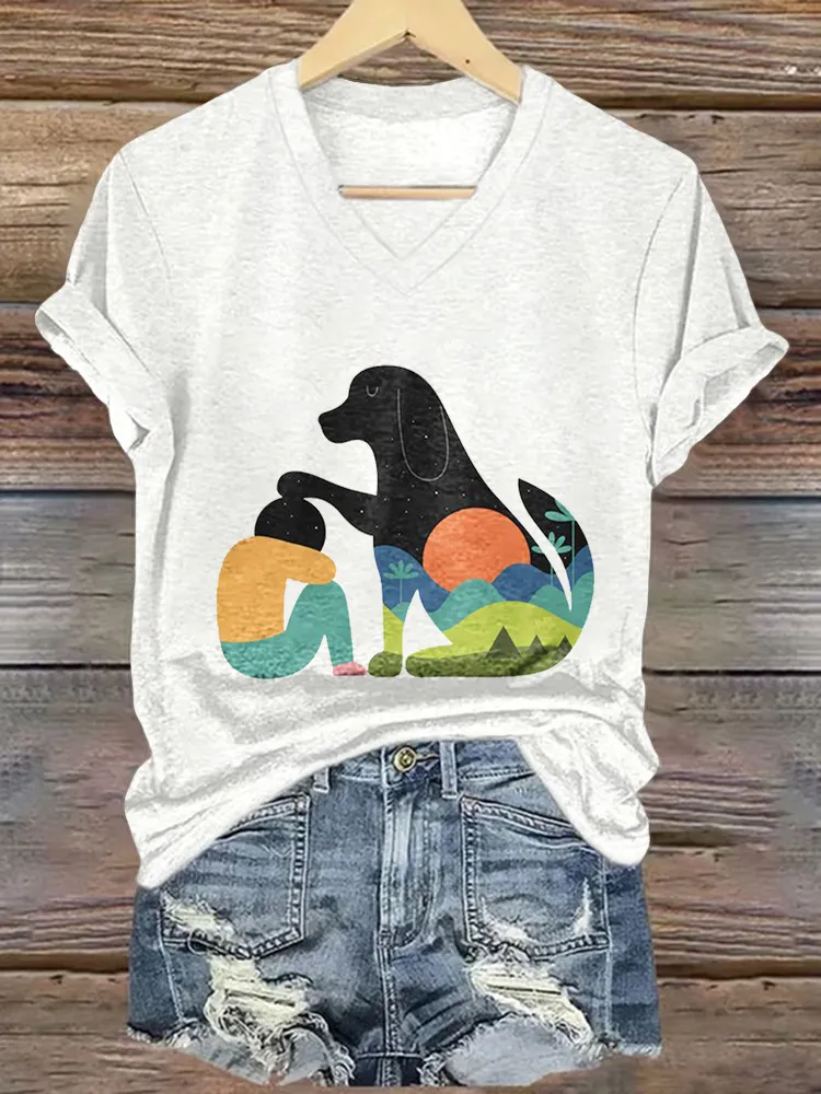 Woman's Puppies And People V-Neck And Short Sleeves T-Shirt