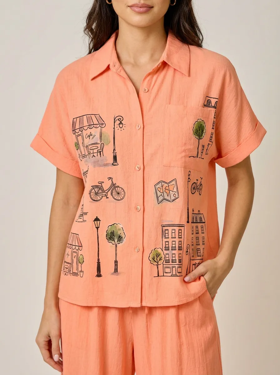 Women's Travel-Inspired City Street Printed Button-Up Shirt
