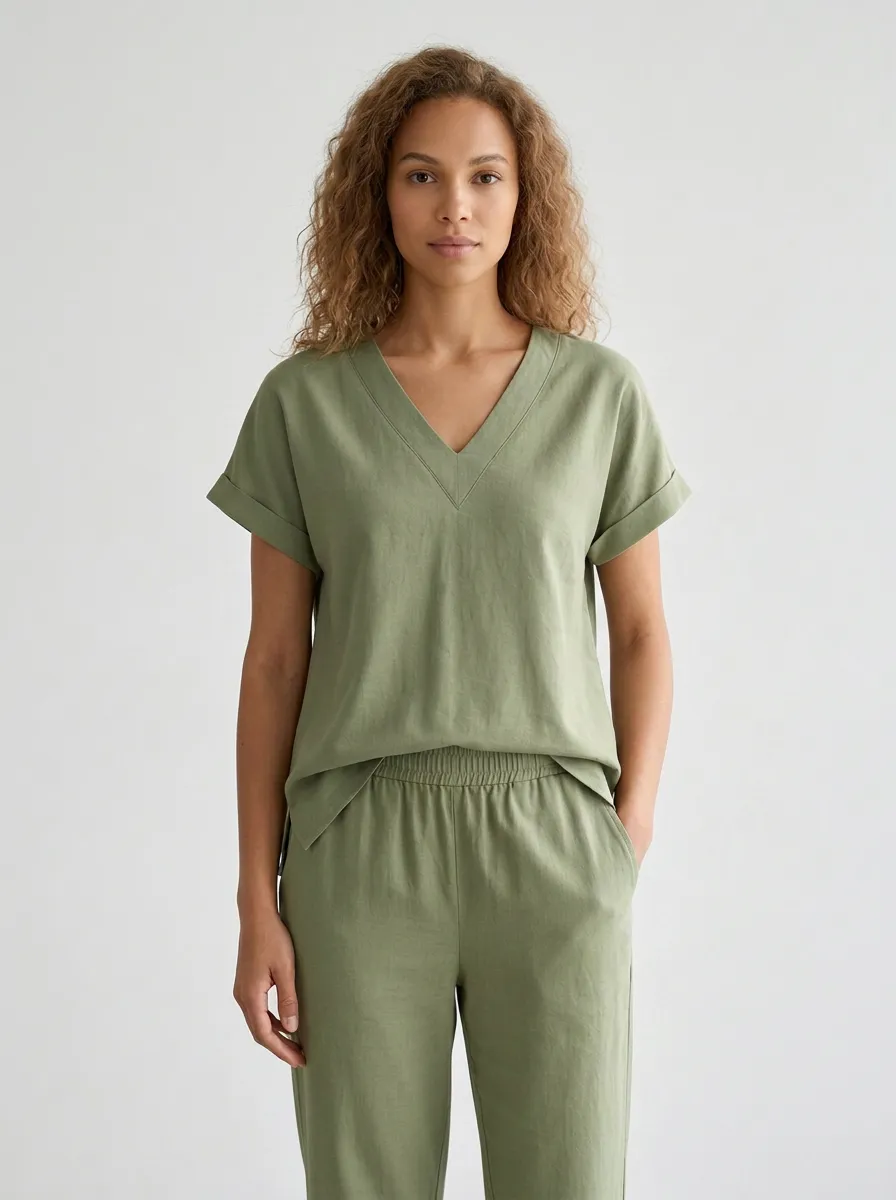 Cuffed-Sleeve Women's V-Neck Shirt