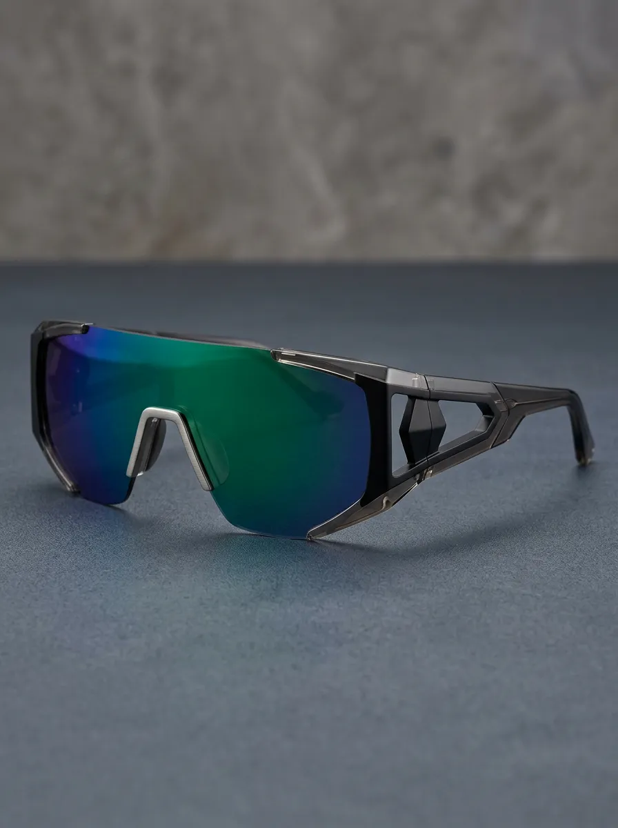 Unisex Sporty Cyclist Green Mirrored Shield Printed Sunglasses