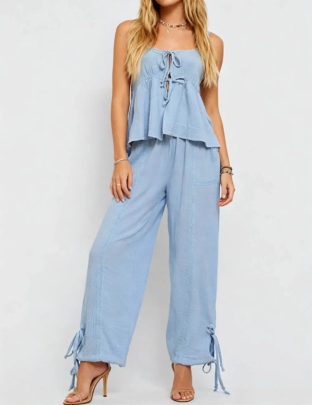 Boho Lace Up Cami Top and Wide Leg Pants Set