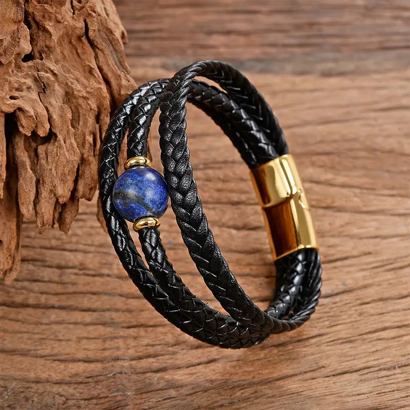 Bead Tiger Eye Amethyst Craved Leather Bracelet