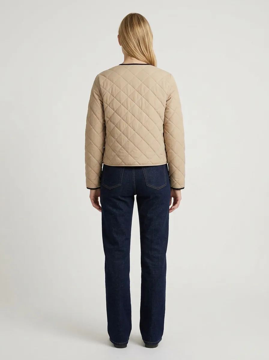 Women's Beige Collarless Diamond-Quilted Dark-Trim Zip Jacket