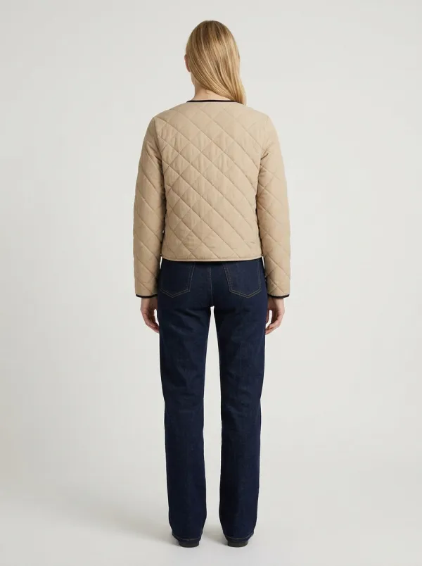Women's Beige Collarless Diamond-Quilted Dark-Trim Zip Jacket