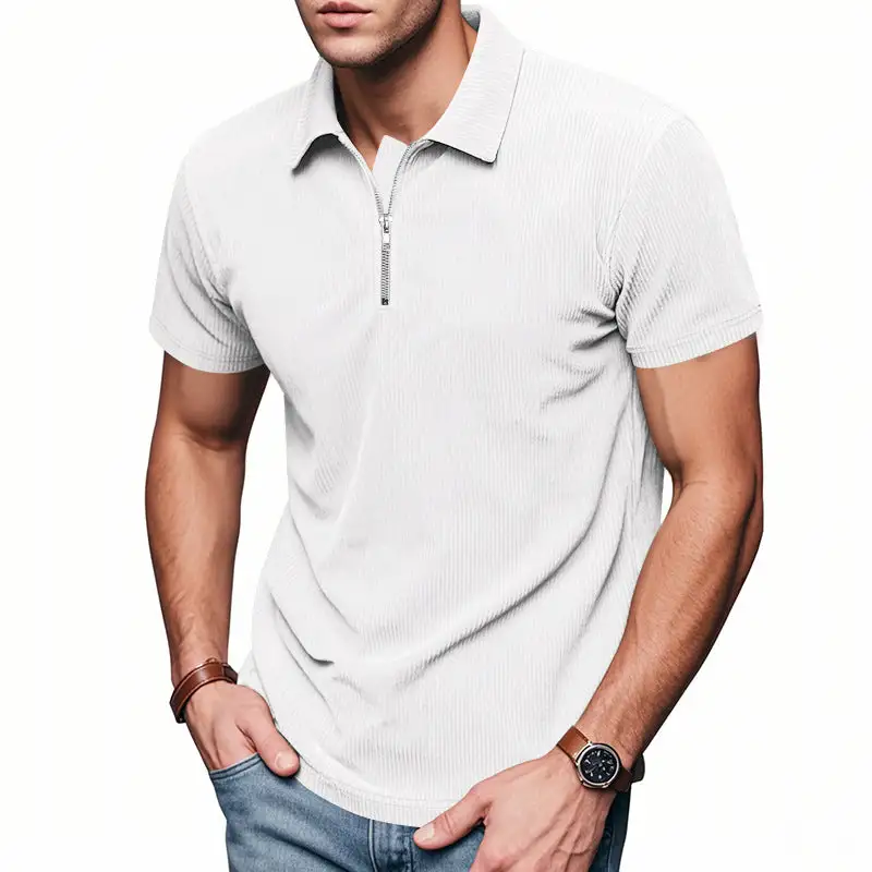 Ribbed Zip Front Short Sleeve Polo Shirt